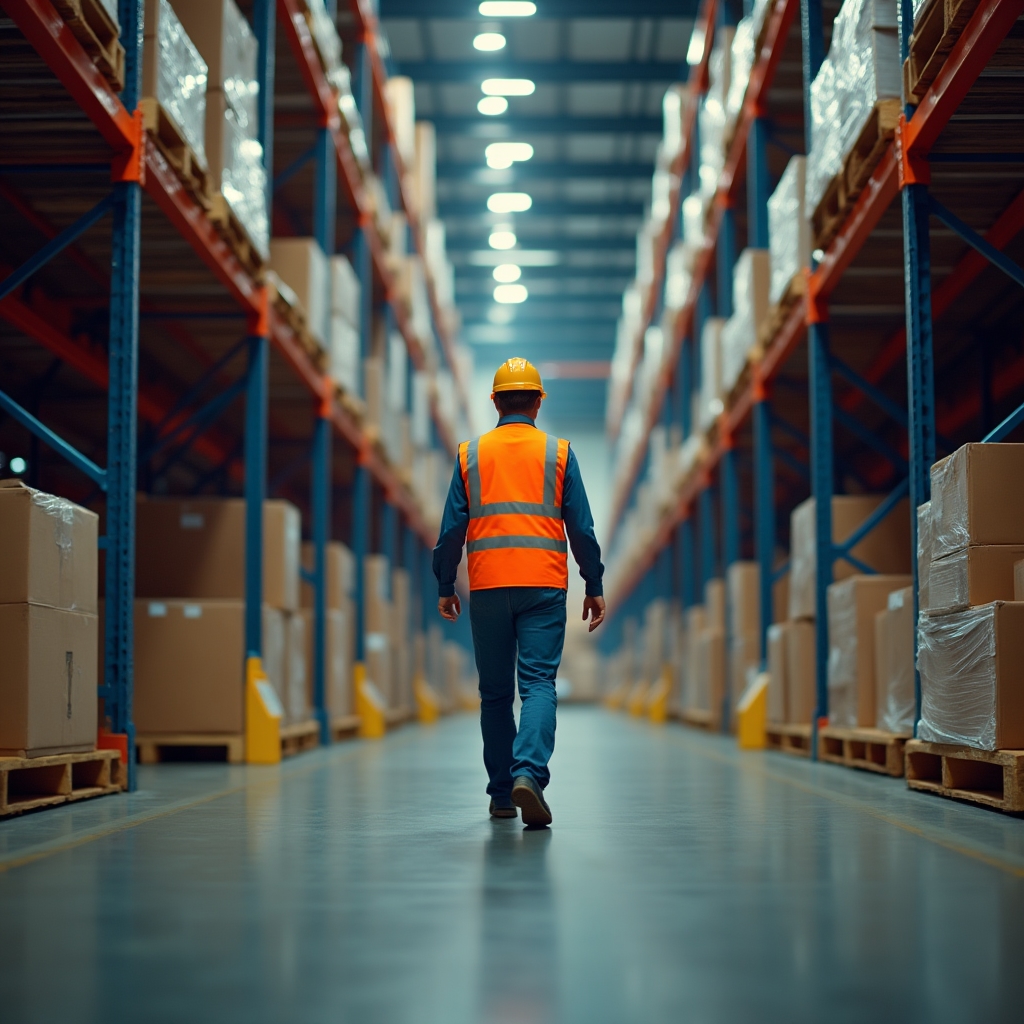 Centro logistico con scaffalature e operatori